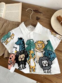 SHEIN 2 件套婴儿男孩/女孩可爱卡通印花短袖衬衫和松紧腰卡其色短裤套装，夏季 - 彩色 - 查看 6