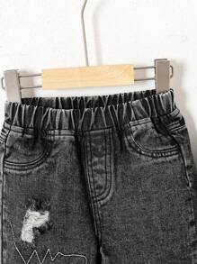 SHEIN Playful Pals Pantaloni di jeans svasati semplici e casual ricamati per ragazzo in autunno