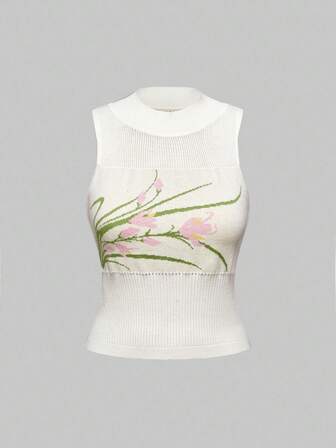 ROMWE Avant Nuova elegante maglietta con colletto alto, stile cinese, in maglia jacquard con motivo floreale