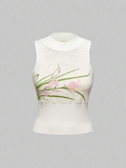 ROMWE Avant New Chinese Style Elegant Floral Jacquard Knit Stand Collar Top