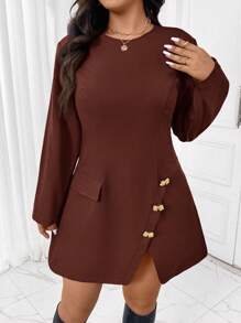SHEIN Frenchy Robe évasée élégante et minimaliste avec boucle métallique rouge, grande taille. Convient pour le bureau, les déplacements, les fêtes, les rassemblements, le Nouvel An, Noël - Tabac - Voir 7