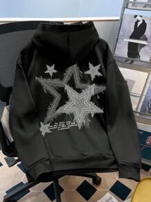 Claim Dot Men Black Label Fashionable Star Pattern Loose Dropped Shoulder Thick Thermal Lined Hoodie, Emo Style, 2000s Style, Fall Winter, Long Sleeve Top - Black - View 1