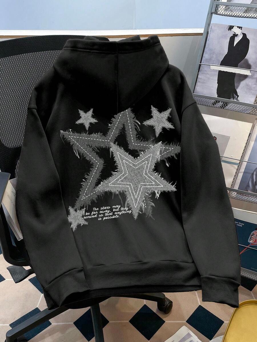 Claim Dot Men Black Label Fashionable Star Pattern Loose Dropped Shoulder Thick Thermal Lined Hoodie, Emo Style, 2000s Style, Fall Winter, Long Sleeve Top - Black - View 1