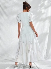 CLARA VERO 女式纯色前蝴蝶结和纽扣细节短袖棉质刺绣连衣裙 - 白色 - 查看 2