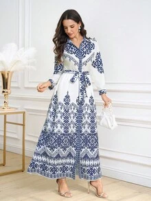 Ellevyn Women's Elegant Vintage Print Belted Shirt Dress