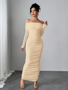 Firerie Đầm Maxi hở vai màu trắng thanh lịch trang trí ngọc trai giả nhún bèo ôm sát lãng mạn cho ngày lễ tình nhân - Màu be - Xem 4