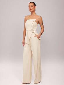 Silquee Women's Strapless Single-Breasted Metal Button Asymmetrical Hem Top And Wide-Leg Pants Fashion Party & Commute Suit - Beige - View 6