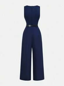 Girlism Teen Girls Bodysuits & Jumpsuits Navy Pleated Wide Leg Loose Jumpsuit With Belt, Casual Style,/Fall,Winter/Y2k,Halloween/Back To School Outfits/First Day Of School Outfit/Halloween,Glowmode,Fall,Winter,Autumn - Navy Blue - View 2