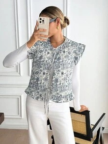 SHEIN Frenchy Women's Floral Print Front Tie Cap Sleeve Fashion Winter Jacket Casual - Multicolor - View 3