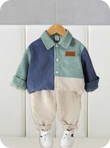 SHEIN 2pcs Baby Boy Corduroy Patchwork Jacket & Elastic Waist Pants Set, Autumn/Winter Fall - Multicolor - View 9