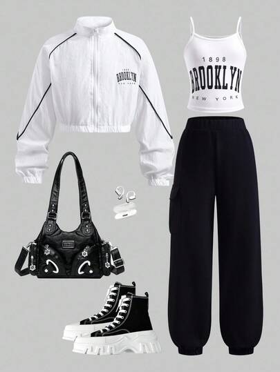 SHEIN Explorewe 青少年女孩字母图案休闲吊带背心和短裤套装，夏季