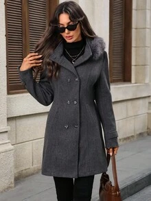 EMERY ROSE 女士时尚连帽大衣，秋冬季女式外套 - 灰色 - 查看 3