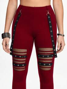 ROMWE Grunge Punk Quần legging bó sát nữ họa tiết Punk đen khoét lỗ kim loại có cạp có thể tháo rời - Màu Đỏ Sâu - Xem 6