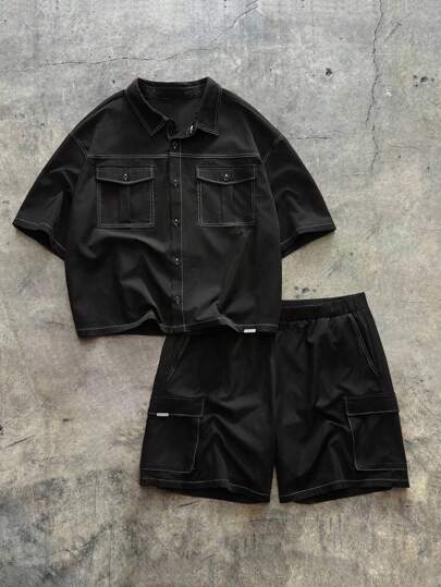 AXEPEAK Plus Size Men's Solid Color Short Sleeve Cargo Pocket Shirt And Shorts Casual Suit, Cozy Outfits