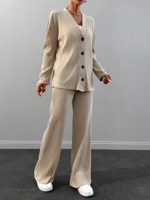 SHEIN Cottnline Feel Comfortable And Cozzy Cardigan Top& Pants Set - Beige - View 4