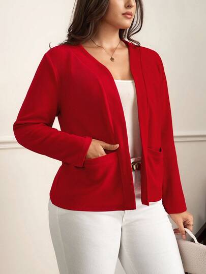 Chikora Plus Size Women's Collarless Pocket All-Match Elegant Minimalist Versatile Comfortable Red Regular Jacket,Fall Clothes For Women Winter Autumn
