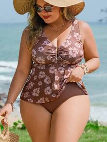 Swim Lushoire Plus Size Women's Tankini Two Pieces Swimsuit, Sexy Padded Digital Print, Suitable For Summer Beach Vacation