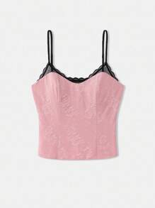 lacRébo Top de tirantes rosa con textura floral y efecto de sujetador interior contrastante, top lindo de otoño para salir, atuendo para una cita nocturna - Rosa - Ver 7