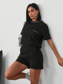 ZIRRA 2pcs/Set Women Summer Casual Beaded Decor T-Shirt And Shorts - Black - View 4