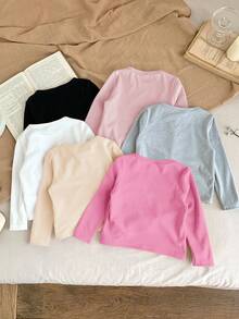 SHEIN LMoss Kids LMoss 年轻女孩休闲基础款纯色针织弹力长袖汗衫上衣多件 6 件套，非常适合秋冬季休闲日常穿着和上学日常，必备百搭，妈妈和女儿搭配，姐妹和我搭配， - 粉色 - 查看 2