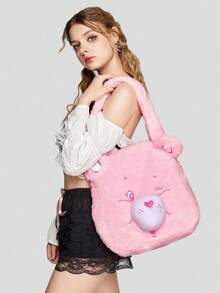 ROMWE X Care Bears Pink Plush Bear Embroidered Large Capacity Tote Bag, Suitable For School, Dates And Daily Use - Baby Pink - View 7