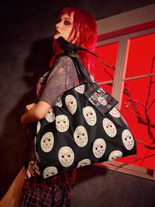 WB Horror X SHEIN 1 Túi mua sắm gấp gọn in hình mặt nạ hoạt hình, Túi tote có túi đựng kèm theo Túi có dây xích hạt, Có thể treo trên ba lô, Mặt nạ bóng chày, Halloween, Túi Halloween hoàn hảo cho bữa tiệc sang trọng kết hợp với trang phục Halloween, Quà tặng Halloween tuyệt vời nhất cho phụ nữ - Nhiều màu - Xem 3