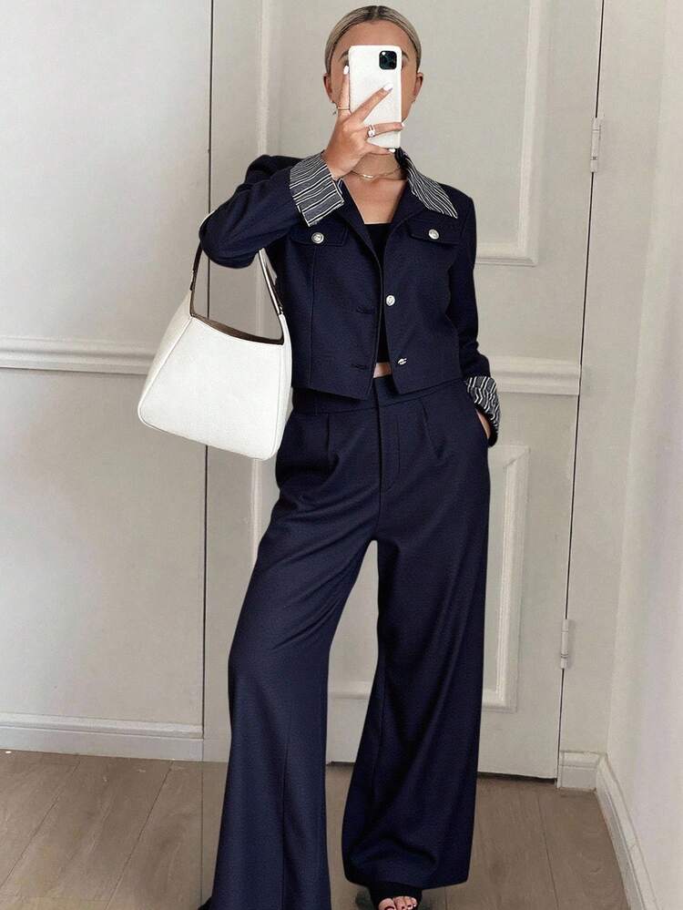 Women's Striped Lapel Long Sleeve Single-Breasted Jacket And Pants Casual 2 Pieces Set