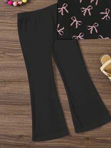 SHEIN Happikins 2pcs/Set Young Girl Casual Minimalist Pink Leopard Print Bow Decor Round Neck Short Sleeve Top And Flare Pants Outfit, Suitable For Summer