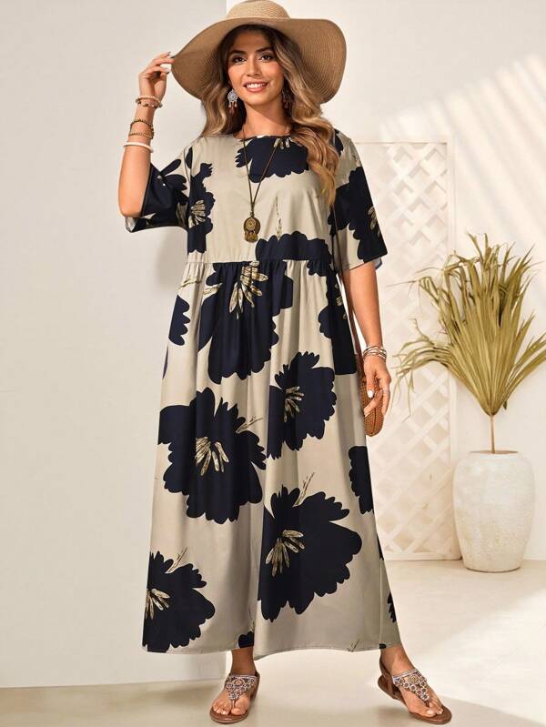 Rosumi Midi-Kleid in großen Größen mit Kurzarm, Taillfalten, Seitenschlitz, Doppeltaschen, Boho Blumenprint, geeignet für Frühling & Sommer