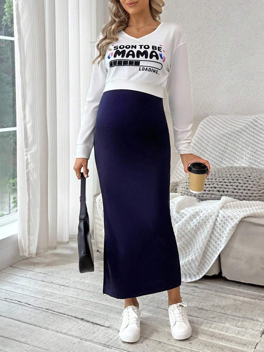SHEIN Umstandsmode-Set mit V-Ausschnitt, langärmligem bedrucktem T-Shirt und langem Camisole-Kleid mit seitlichem Schlitz, 2 Stücke Set, Frühling/Herbst - marineblau - Übersicht 1