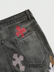 ROMWE MEN Grunge Punk Men's Fashionable Retro Cross Contrast Color Patchwork Cross Embroidery Denim Jeans