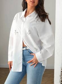 RueChic Beaded Star Decor Drop Shoulder Shirt - White - View 3