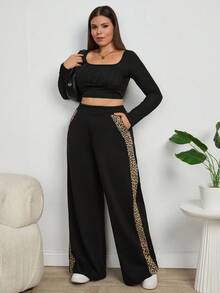 EURMUSE Leopard Trim Belly Detailed Long Wide Leg Black Pants - Black - View 4