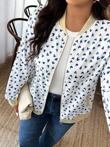 Weeklong Jaket Ukuran Besar Warna Putih dengan Motif Hati Biru dan Kantong Resleting, Gaya Kasual untuk Wanita Musim Gugur dan Musim Dingin - MultiWarna - View 4