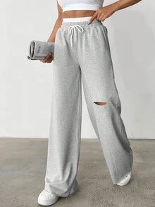 CasuGlow Cotton Drawstring Waist Casual Cut Out Wide Legs Sweatpants - Grey - View 4