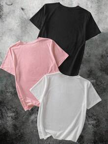 SHEIN EZwear Set de 3 camisetas de mujer de manga corta, cuello redondo, estilo casual y suelto con patrón simple, ligeramente transparentes, adecuadas para el verano y el regreso a la escuela