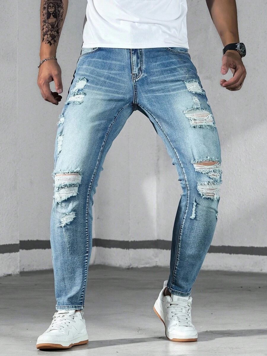 Manfinity LEGND Quần Jeans Skinny Rách Denim Xanh Thời Trang Cho Nam - Rửa nhẹ - Xem 1
