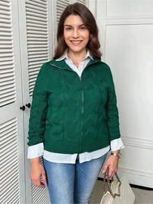 SHEIN LUNE Women's Solid Color Patchwork Front Zipper Long Sleeve Cable Knit Cardigan - Green - View 1