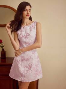 Vintamour 复古优雅女士短款连衣裙，春夏修身提花连衣裙，蓝色无袖直筒连衣裙 - 淺粉色 - 查看 4