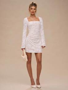 SHEIN BAE Autumn And Winter Women's Birthday Party Outfit White Knitted 3D Floral Square Neck Long Sleeve Tight A-Line Mini Dress,Elegant Wedding Dresses,Autumn/Winter Dress ,New Year Dress,Party Dress ,White Dress, - White - View 7