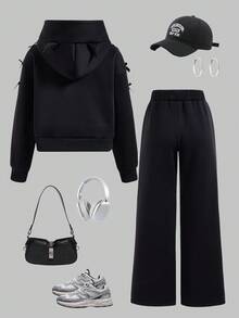 SHEIN 2pcs/Set Tween Girl Hooded Sweatshirt & Pants Set, Fashion Streetwear With Bow Decor, Solid Color