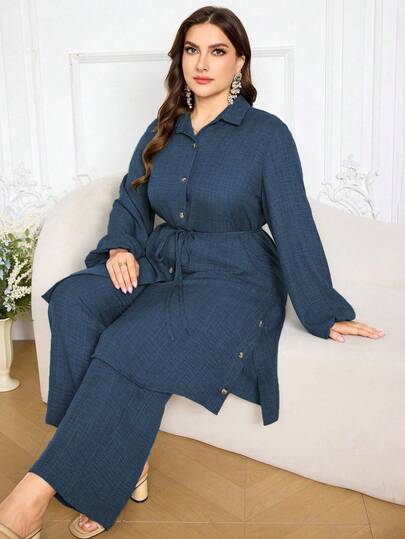 Graceveil Plus Size Women 2 Pieces Set, Button Decor Waist Tie Long Sleeve Top And Pants, Casual Commuter Outfit Fall Cloth For Women