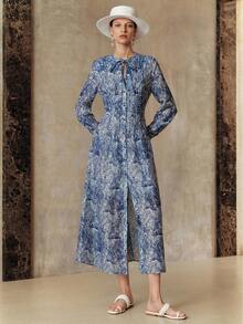 EMERY ROSE Váy Lyocell Linen Ditsy Floral cổ tròn tay dài thắt eo cho nữ - Màu xanh lam - Xem 4