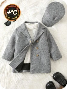 SHEIN 买一送一婴儿/男婴/女婴 2 件/套羊毛加厚灰色羊毛大衣夹克带帽，加厚大衣，冬季大衣，绗缝大衣，舒适百搭简约百搭风格，适合室内、户外滑雪、日常穿着、运动、玩耍、派对、拍照、节日、圣诞节、万圣节 - 灰色 - 查看 2