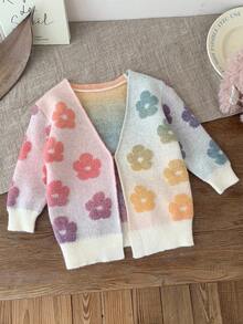 SHEIN Babygirl Fashionable Lady Elegant Cute Versatile Knitted Floral Color Pattern Knitted Sweater Cardigan, Cute And Versatile, Suitable For Autumn And Winter, Multi-Color Fashionable And Versatile Autumn And Winter, Soft Fabric Cares For Baby's Skin, Is The First Choice For Mothers Shopping, Cute Everyday Classic, Suitable For Indoor, Outdoor, Daily, Sports, Play, Party, Photo, Vacation, Festival Fall - Multicolor - View 4