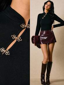 Poéselle Women's T-Shirt Metal Button Decoration Long Sleeve T-Shirt Black T-Shirt Elegant Casual Fashionable Versatile Daily Long Sleeve Slim Fit Women T-Shirt Fall Tops Fall Clothes For Women Fall Dresses For Women Winter Clothes Winter Outfits For Women Winter Clothes Women Going Out Tops Women Y2k Clothes Old Money Outfits Women Basic Tops - Black - View 2