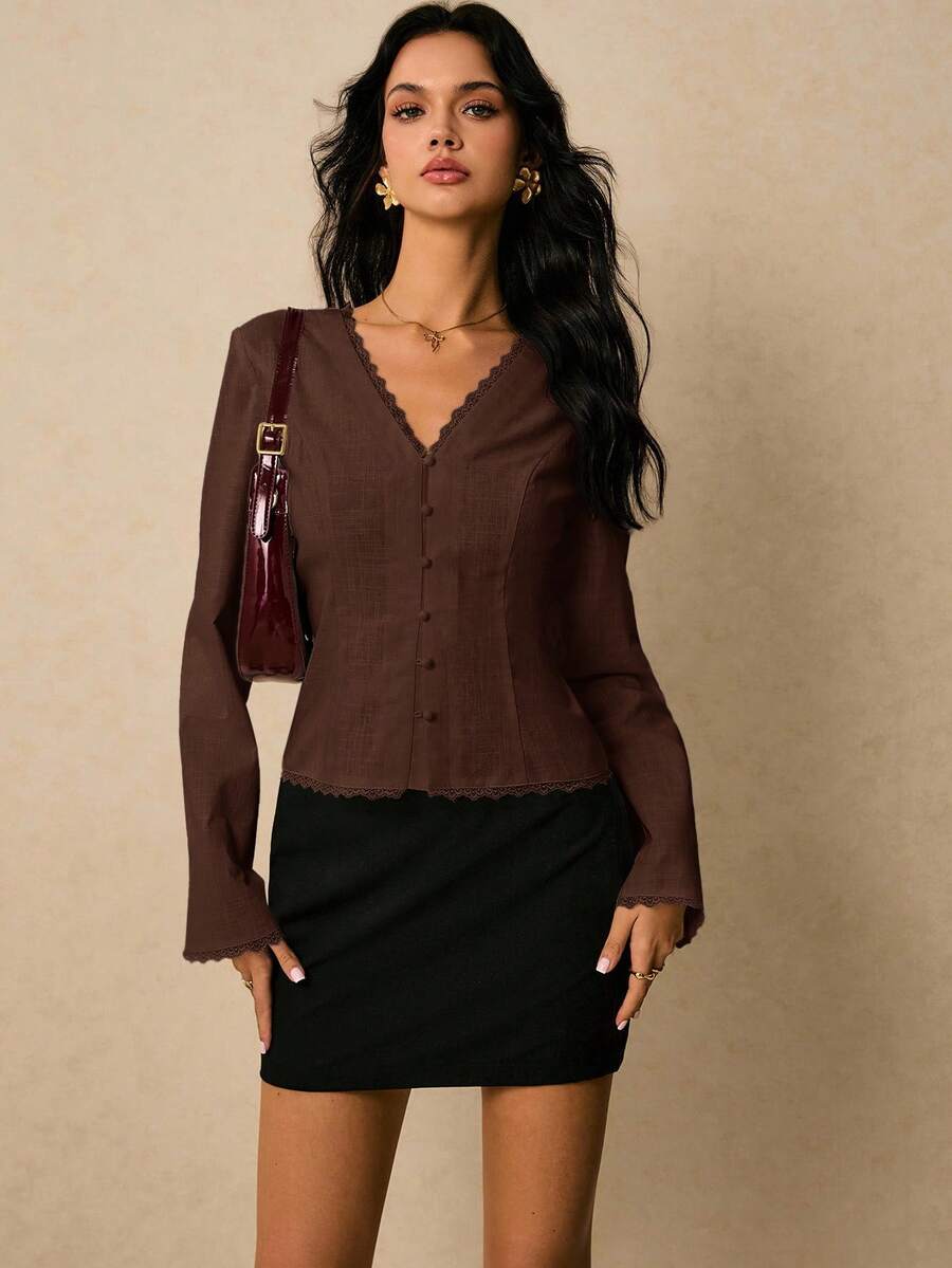 Poéselle Women's Solid Color Long Sleeve V-Neck Front Button Lace Trim Fashion Blouse,Brown Top - Coffee Brown - View 1
