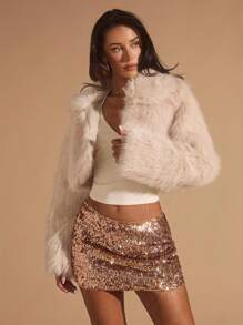 Glamine 时尚仿毛领短款夹克，秋冬 - 杏色 - 查看 1