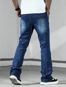 Manfinity Homme 男士牛仔紧身拼接蹄形裤 - 深色水洗藍 - 查看 2