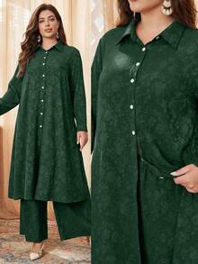 Al Najma Set casual de 2 piezas con botones de contraste y textura jacquard en talla grande - Verde - Ver 1
